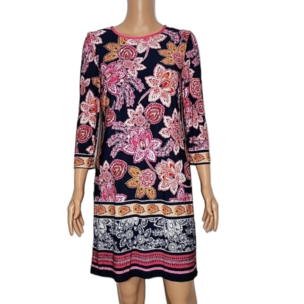 ELIZA J PINK BLUE LINED 3/4 SLEEVE SHIFT DRESS BACK ZIPPER SIZE 10 MEDIUM